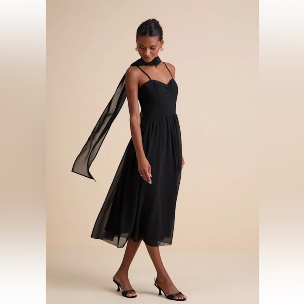 NWT Lulus Black Chiffon Midi Dress And Scarf Set - Size XL